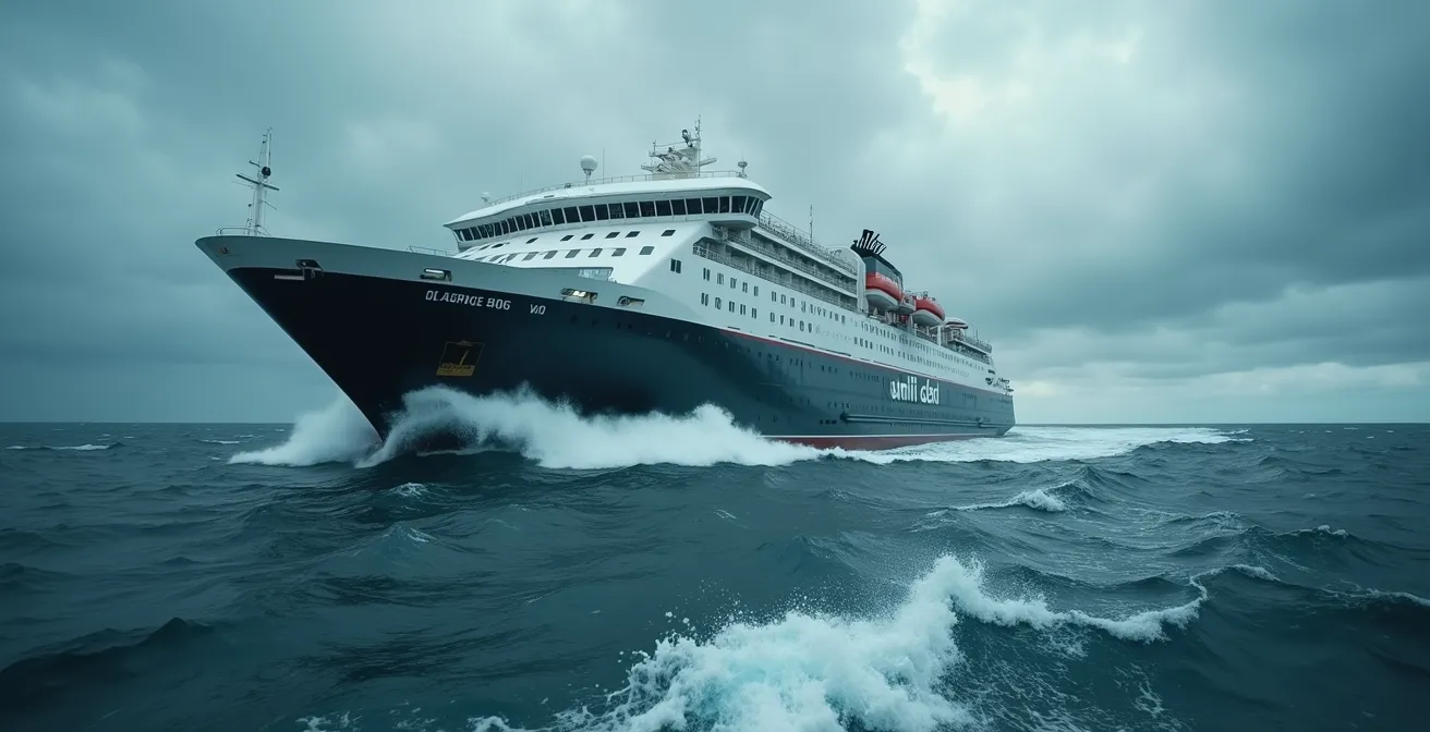 Ferry affrontant des vagues et ciel nuageux en mer agitée