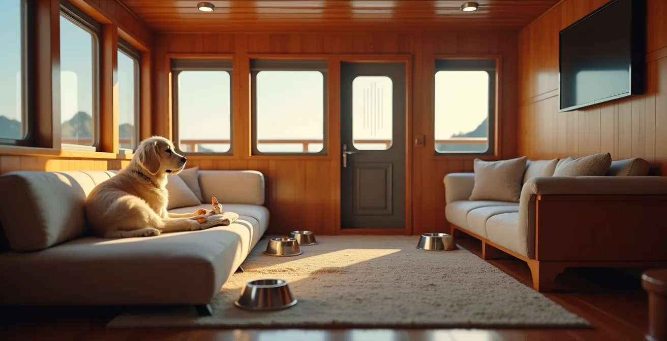 Intérieur d’une cabine ferry confortable et adaptée aux animaux avec accessoires animaliers