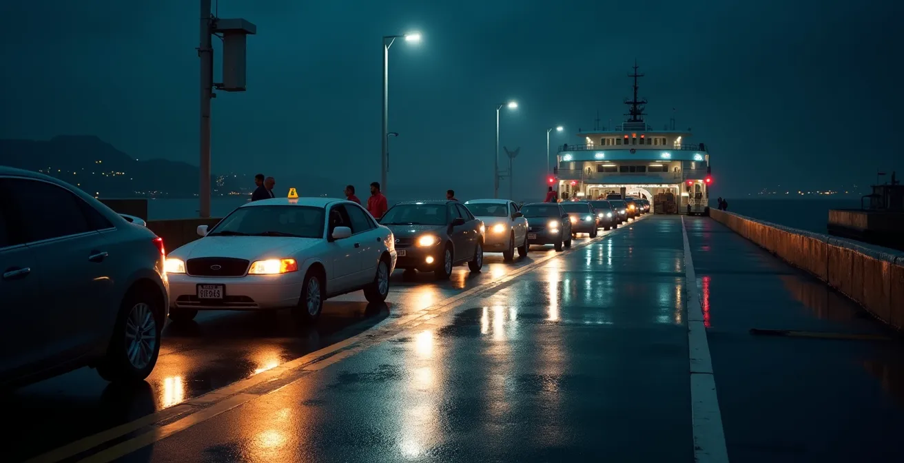 Vue nocturne d’une file de véhicules alignés pour embarquement sur ferry, sous éclairage de port