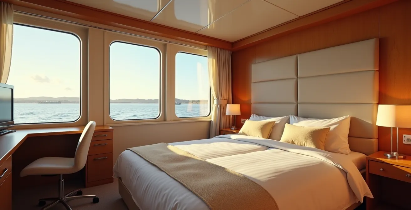 Intérieur d'une cabine confort sur ferry avec vue sur la mer par hublot