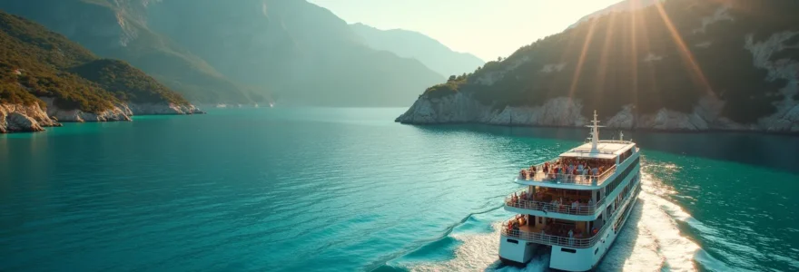 Vue panoramique d'un ferry traversant les eaux limpides vers la Corse, avec l'île en arrière-plan sous un ciel bleu clair