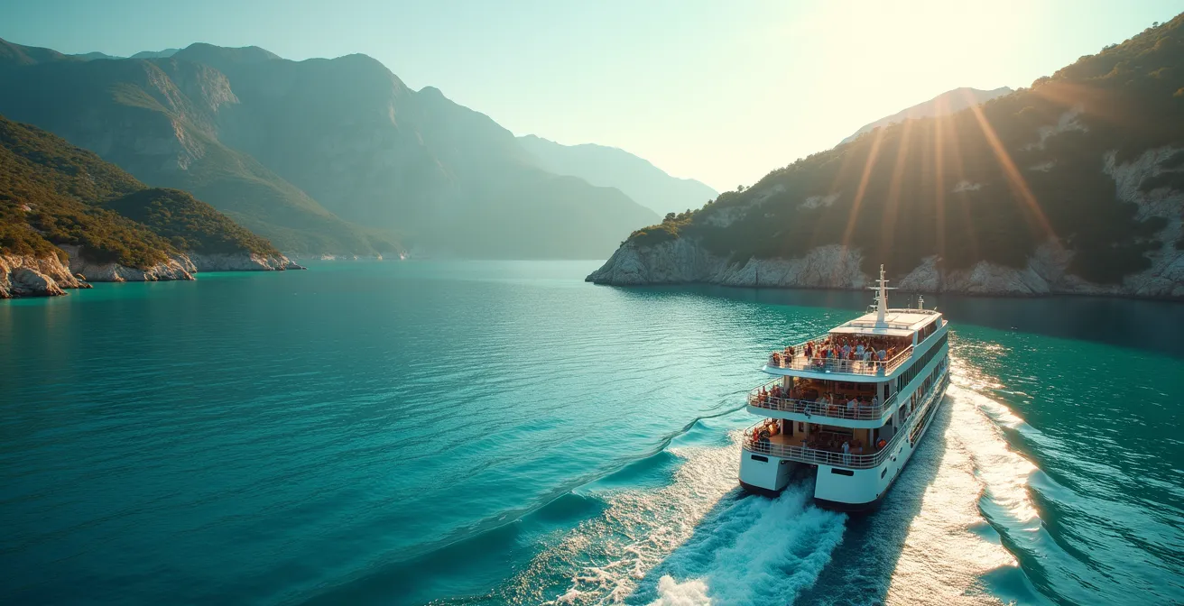 Vue panoramique d'un ferry traversant les eaux limpides vers la Corse, avec l'île en arrière-plan sous un ciel bleu clair