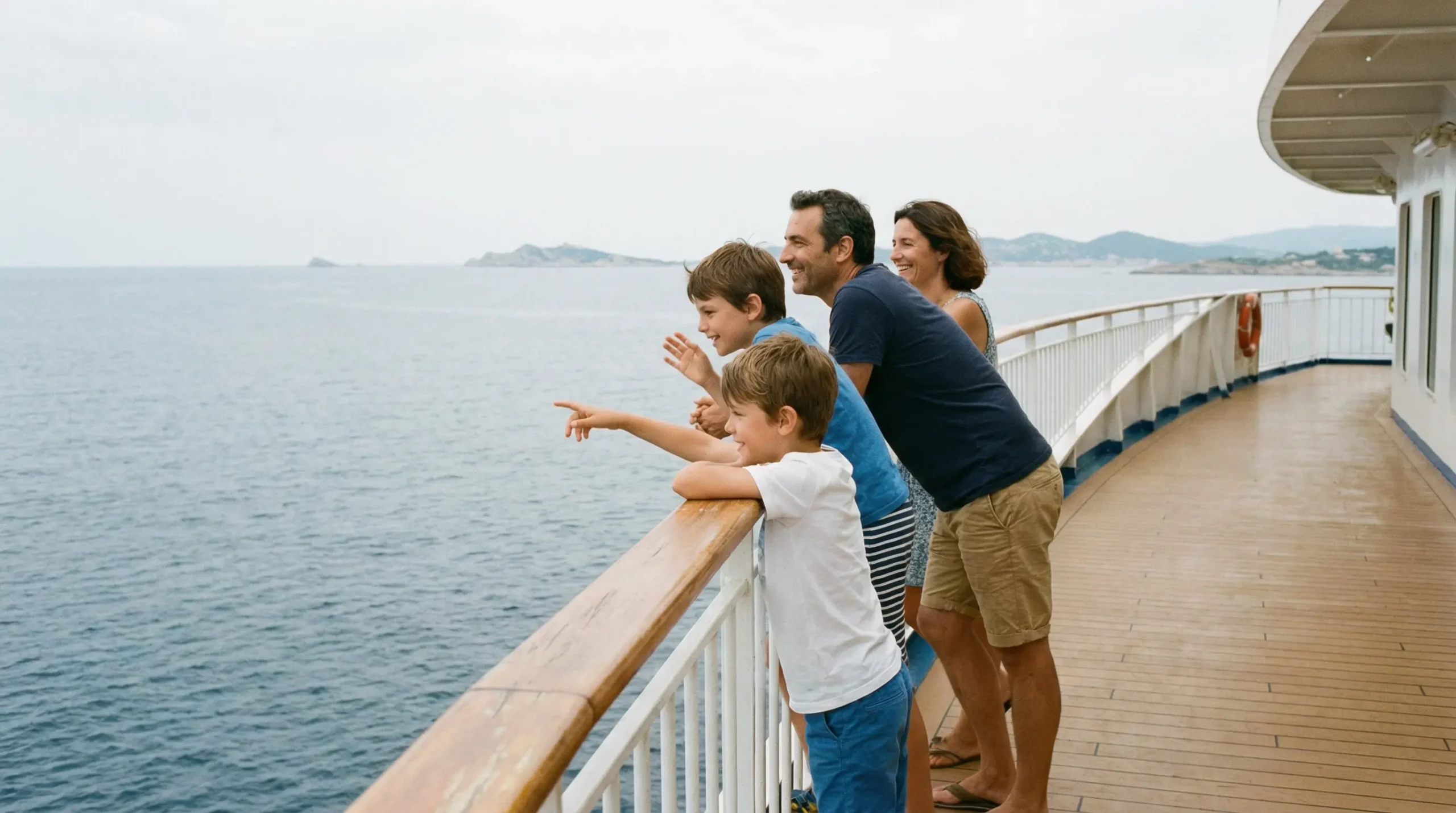 Famille regardant la mer depuis le pont d'un ferry en Méditerranée
