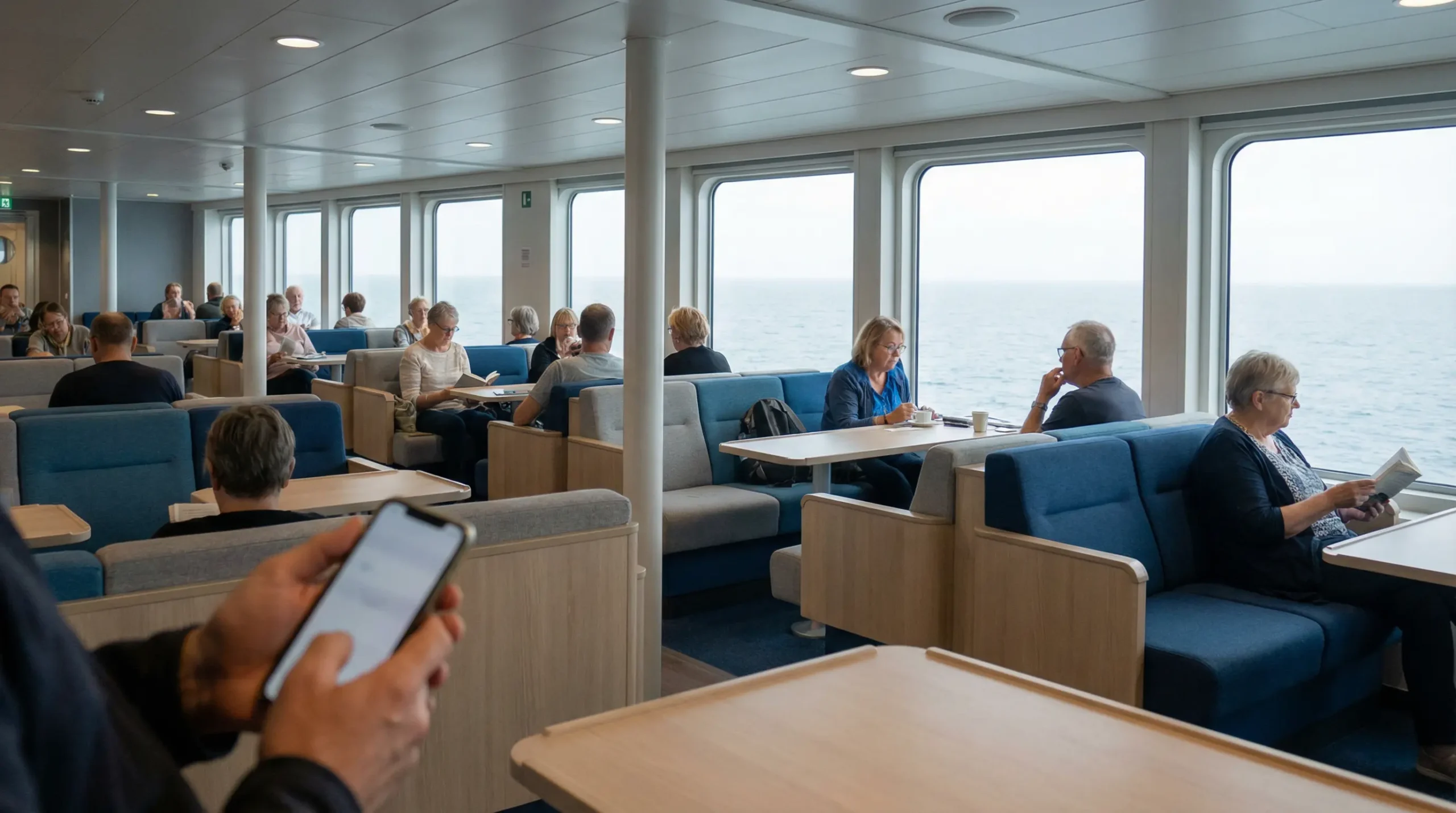 Salon intérieur climatisé d'un ferry moderne avec passagers détendus